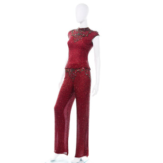 Vintage Burgundy Red Beaded Pants Top Holiday Outfit sparkle