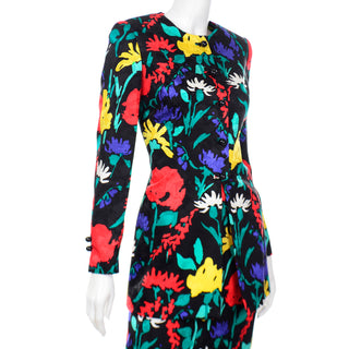 1990s David Hayes Colorful Silk Floral Jacket & Skirt Suit sz 8