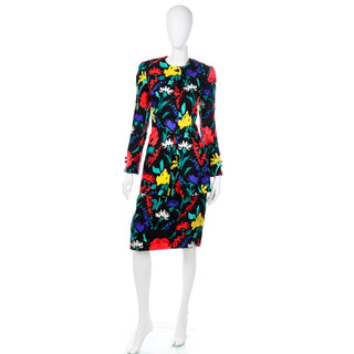 1990s David Hayes Colorful Silk Floral Jacket & Skirt Suit 2pc