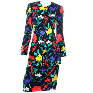 Bright 1990s David Hayes Colorful Silk Floral Jacket & Skirt Suit