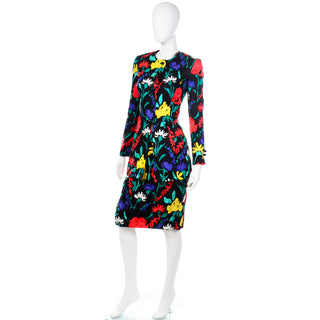 2 Piece 1990s David Hayes Colorful Silk Floral Jacket & Skirt Suit