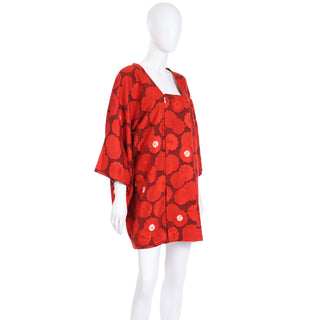1960s Japanese Vintage Red Floral Silk Kimono Michiyuki Haori Jacket