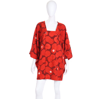 1960s Japanese Vintage Red Floral Silk Michiyuki Haori Jacket one size