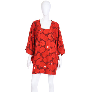 1960s Japanese Vintage Red Floral Silk Michiyuki Haori Jacket Kimono