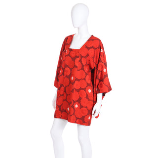 1960s Japanese Vintage Red Floral Silk Michiyuki Haori Jacket Kimono Japan