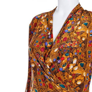 1990s Silk Jewel Novelty Print Wrap Style Plunging Neck Top Blouse