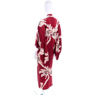 Vintage Japanese Kimono in Burgundy Red Floral Silk Big Flowers