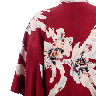 Vintage Burgundy Red Floral Silk Japanese Kimono Robe or Coat