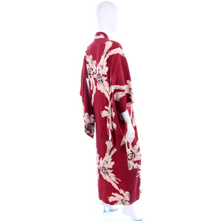 Oversized Print Vintage Japanese Kimono in Burgundy Red Floral Silk