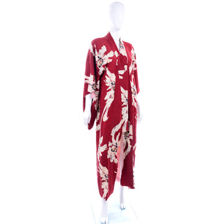 Dramatic Vintage Japanese Burgundy Red Floral Silk Kimono