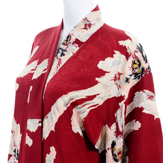 Oversized Flowers Vintage Japanese Kimono in Burgundy Red Floral Silk