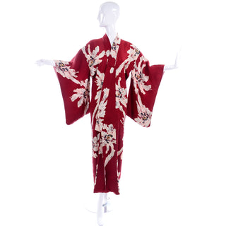 Vintage Japanese Kimono in Burgundy Red Floral Silk Large Flowers