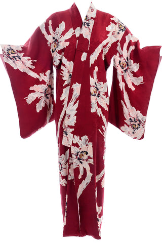 Vintage Japanese Kimono in Burgundy Red Floral Silk