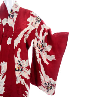 Vintage Japanese Kimono Robe or Coat in Burgundy Red Floral Silk