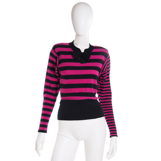 1980s Sonia Rykiel Black & Magenta Pink Striped Wool Sweater with bow