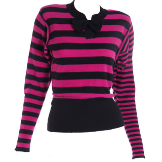 1980s Sonia Rykiel Paris Black & Magenta Pink Striped Wool Sweater