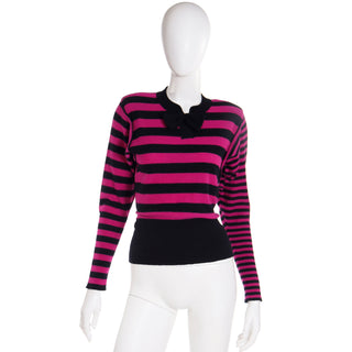1980s Sonia Rykiel Black & Magenta Pink Striped Wool Sweater France