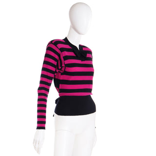 1980s Sonia Rykiel Black & Magenta Pink Striped Wool Sweater with belt and bow