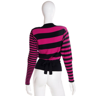 1980s Sonia Rykiel Vintage Black & Magenta Pink Striped Wool Sweater