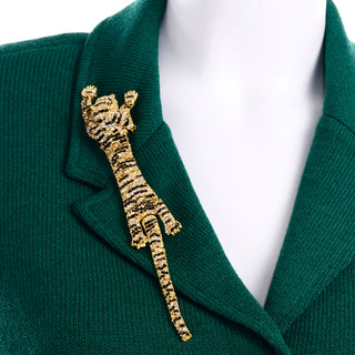 Marie Grey Green Santana Knit St John Blazer Jacket w Tiger Brooch