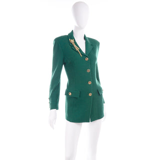 Vintage Green Santana Knit St John Blazer Jacket w Tiger Brooch