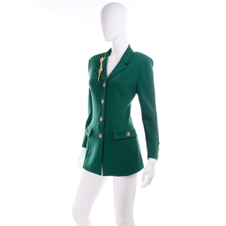 1980s Vintage Green Santana Knit St John Blazer Jacket w Tiger Brooch