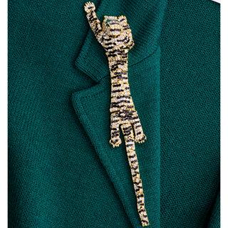 Green Santana Knit St John Blazer Jacket w Tiger Brooch Marie Grey 1980s