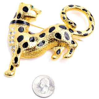 Vintage Gold Leopard Brooch w Rhinestones Statement jewelry