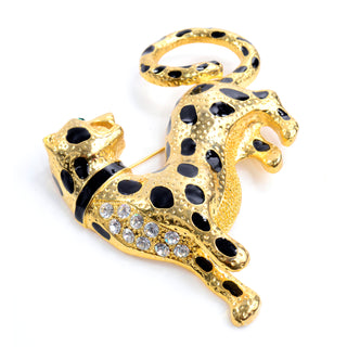Vintage Gold Leopard Brooch w Rhinestones Statement