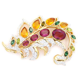 Gold 1990s Swarovski Crystal Vintage Leaf Brooch w Multicolored Stones