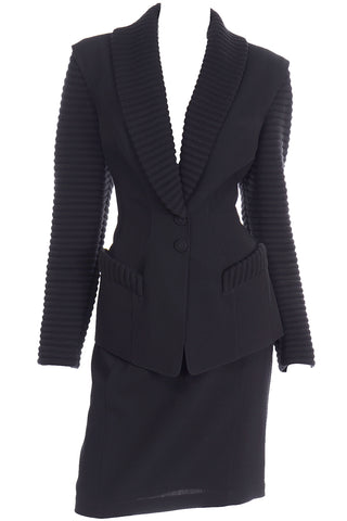 2 Piece Thierry Mugler Black Ribbed Vintage Skirt and Blazer Suit