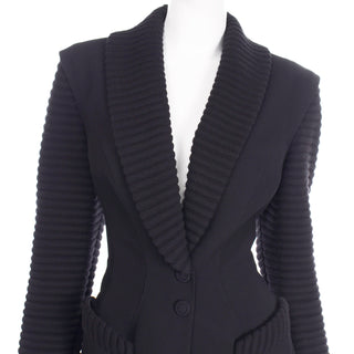 2 Piece Thierry Mugler Paris Black Ribbed Vintage Skirt and Blazer Suit