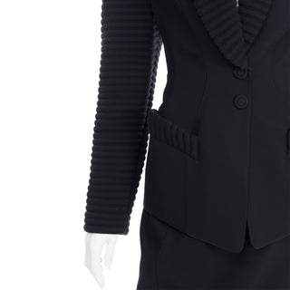 2 Piece Thierry Mugler Black Ribbed Vintage Skirt and Blazer Suit France