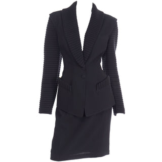 2 Piece Thierry Mugler Black Ribbed Vintage Skirt and Blazer Suit 8/10