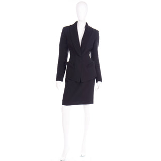 1980s 2 Piece Thierry Mugler Black Ribbed Vintage Skirt and Blazer Suit