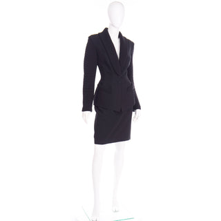 2 Piece Thierry Mugler Black Ribbed Vintage Skirt  Blazer Suit