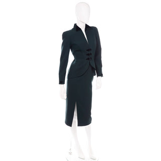 Vintage Thierry Mugler Forest Green Wool and Velvet Skirt w Blazer Jacket Suit