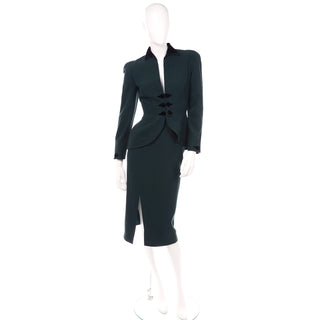 Vintage Thierry Mugler Forest Green Wool and Velvet Skirt w Blazer Jacket Suit