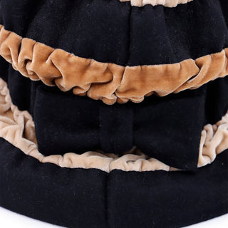 1960s Vintage Sally Vielon Ruffled Velvet Tri Color Bucket Hat With Bow
