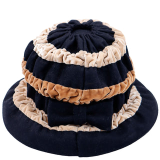 1960s Vintage Sally Vielon Ruffled Velvet Tri Color Bucket Hat W Black Bow