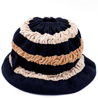 1960s Vintage Sally Vielon Ruffled Velvet & Wool Tri Color Bucket Hat With Bow