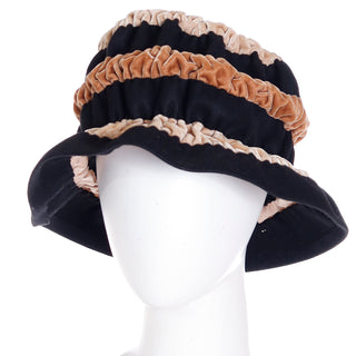 1960s Vintage Sally Vielon Ruffled Velvet Tri Color Hat With Black Bow