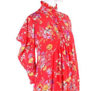 Emanuel Ungaro vintage Dress in Red Floral Print with High Ruffle Neck