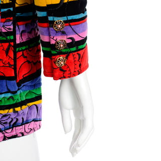 1990s Emanuel Ungaro Parallele Colorful Quilted Floral Velvet Jacket Buttons and Pockets