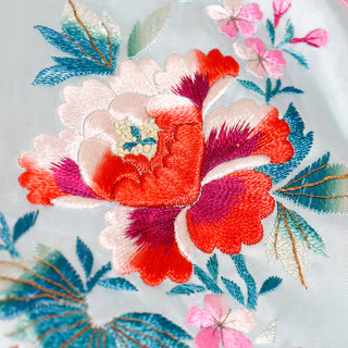 Embroidered 1960s Unworn Chinese Silk Pajama Robe & Slipper Set in Original Silk Box