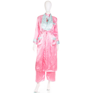 1960s Unworn Chinese Silk Pajama Robe & Slipper Set in Original Silk Box M