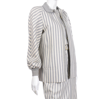 1980s Grey Striped Vintage Valentino Dress and Jacket with belt