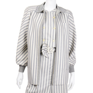 Grey Striped Vintage Valentino Dress and Jacket with belt Unique designer