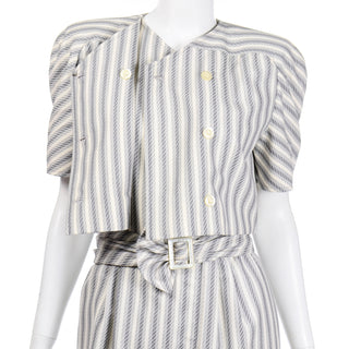 Designer Grey Striped Vintage Valentino Dress and Jacket with belt