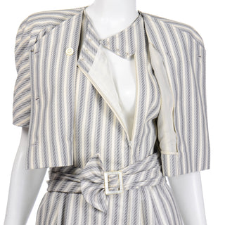 Grey Striped Vintage Valentino Dress and Jacket with belt 1980s